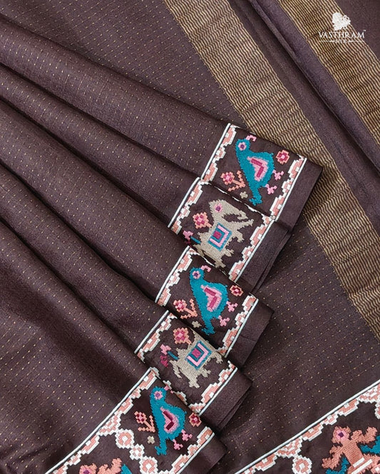 Brown colour tussar silk saree with zari stripes all over