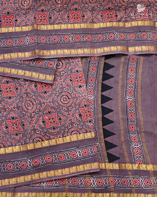 Brown colour & sungudi cotton saree with ajrakh print all over