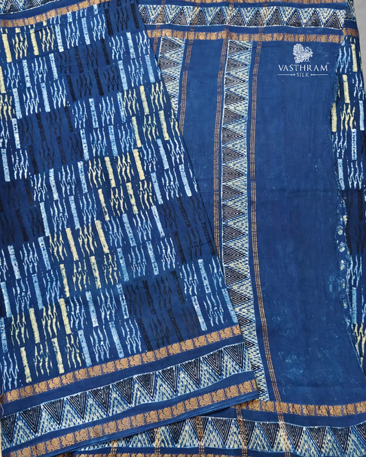 Blue colour & sungudi cotton saree with ajrakh print all over