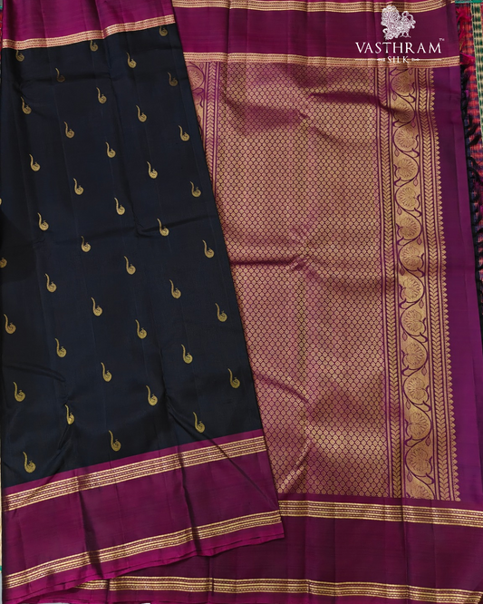 Black Colour Kanchivaram Silk Saree With Zari Butta All Over