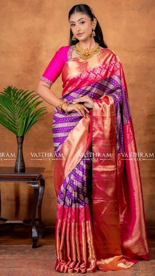 Pink & Magenta Colour Kanchivaram & Banarasi Fuion Silk Saree Code :VA202609