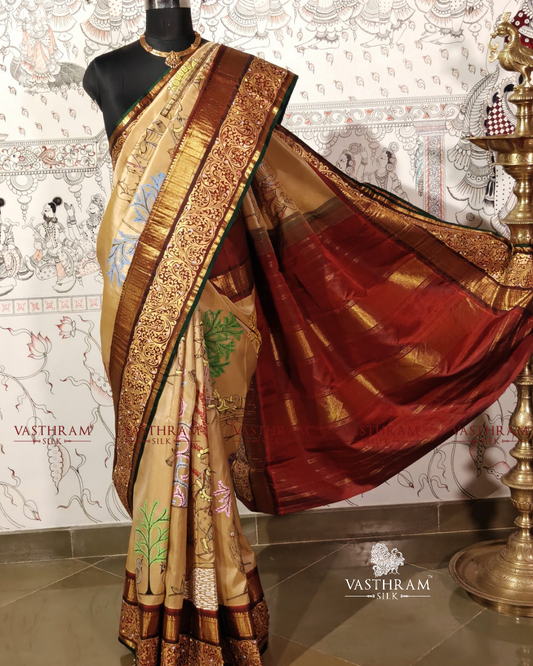 Cream Colour Kanchivaram Silk Saree With Pattachitra Hand Painting All Over Code : KA089
