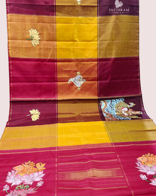 Multi Colour Kanchivaram Silk Saree With Thanjor Hand Painting All Over