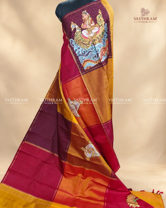 Multi Colour Kanchivaram Silk Saree With Thanjor Hand Painting All Over