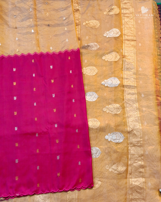 Gold & Pink Colour Tissue & Gadwal Fusion Saree With Zari Butta All over