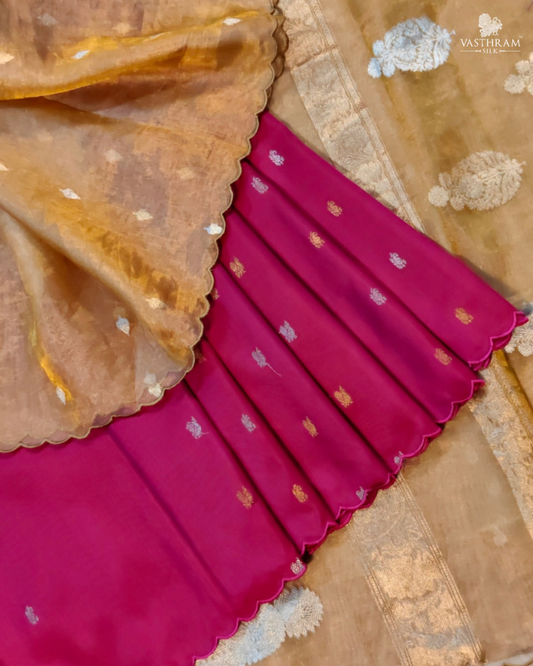 Gold & Pink Colour Tissue & Gadwal Fusion Saree With Zari Butta All over