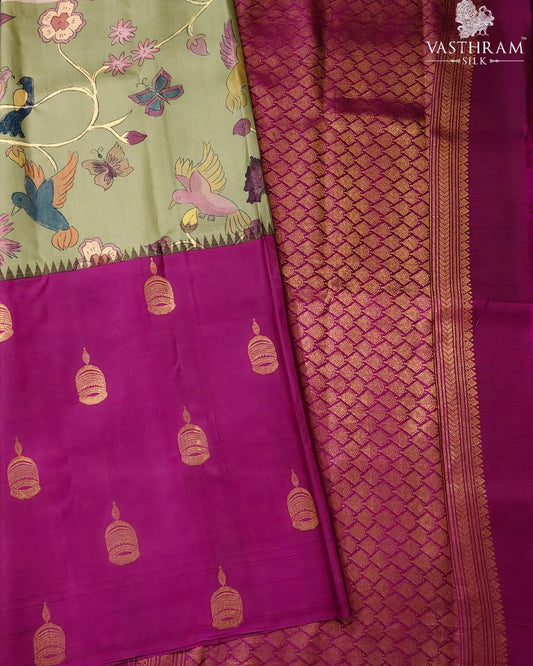 Mehandi Green & Magenta Colour Half/Half Kanchivaram Silk Saree With Digital Print & Zari Motif All Over