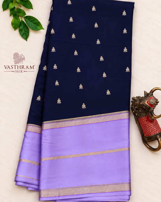 Deep Blue Colour Mysore Crepe Silk With Zari Butta All Over