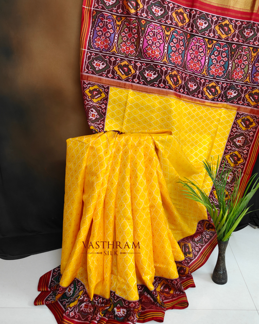 Yellow Colour Single Ikkat Patola Saree With Ikkat Weaving All Over Code : IK038