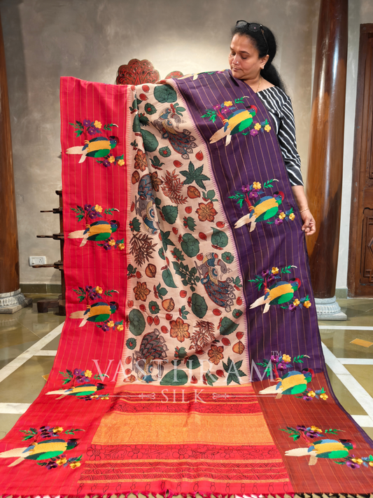 Cream Colour Kanchivaram Silk Saree With Pen Kalamkari All Over Code : KA0419