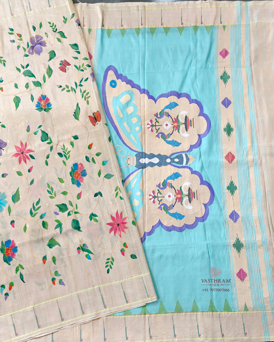 Cream Colour Paithani Silk Saree With Hand  Painted All Over Code :