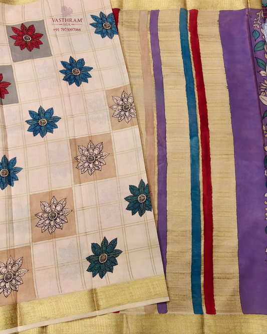 Cream colour mysore crepe silk saree with zari checks & pen kalamkari all over