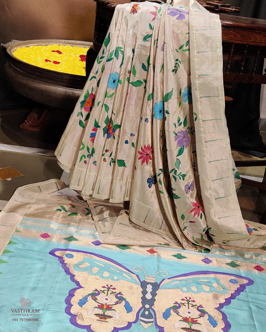 Cream Colour Paithani Silk Saree With Hand  Painted All Over Code :