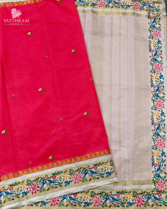 Pink Colour Silk Cotton Saree With Embroidery Butta All Over