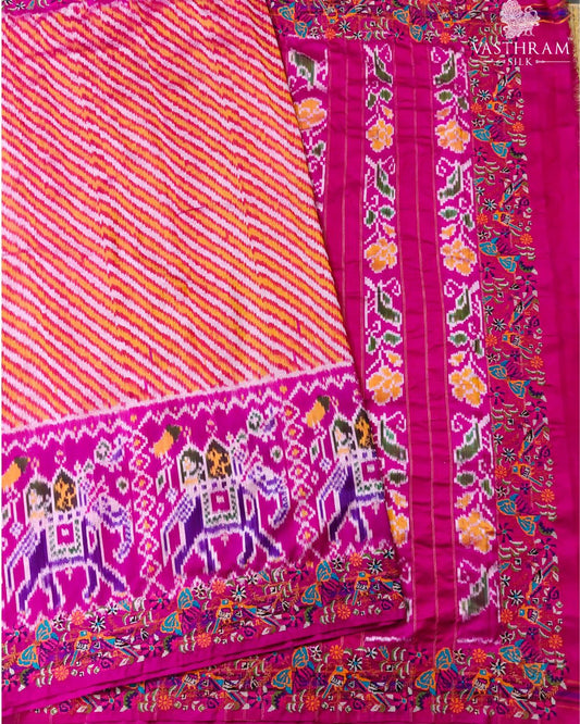Orange & Pink Colour Ikkat Silk Saree With Ikkat Weaving All Over