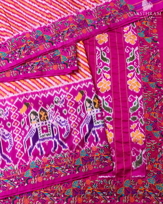 Orange & Pink Colour Ikkat Silk Saree With Ikkat Weaving All Over