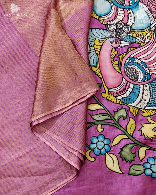 Pink Colour Tissue Tussar Silk Saree With Zari Stripes All Over