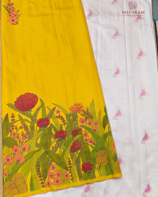 Yellow Colour Pure Zari Kanchivaram Silk Saree With Hand Painting All Over