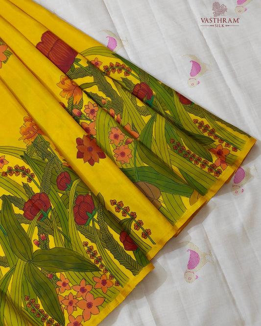 Yellow Colour Pure Zari Kanchivaram Silk Saree With Hand Painting All Over
