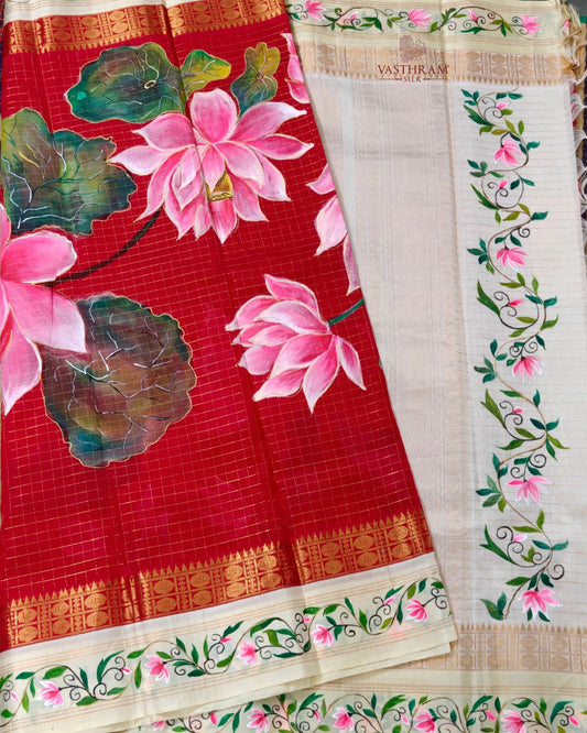Red Colour Silk Cotton Saree With Hand Painting & Zari Checks All Over