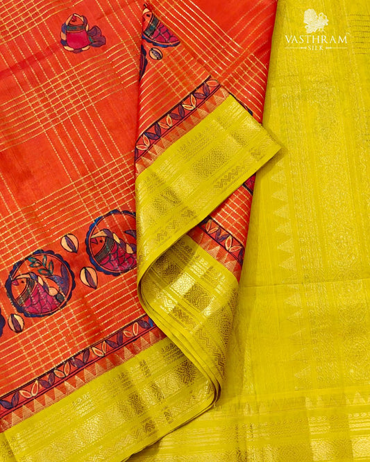 Orange Colour Silk Cotton Saree With Zari Checks & Madhubani Hand Painting All Over