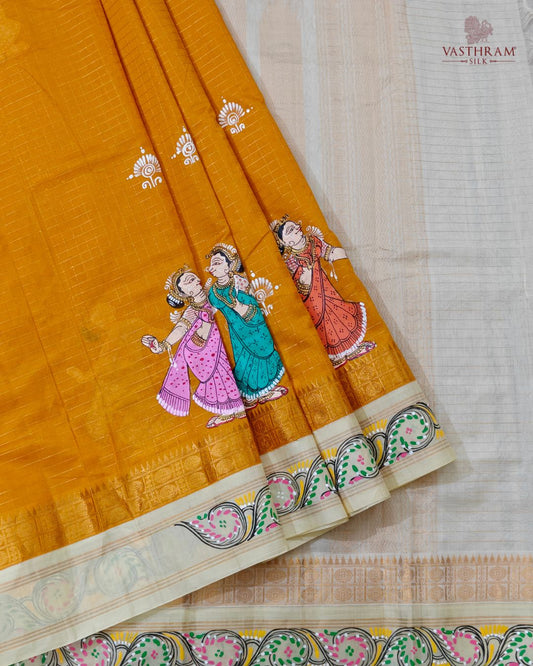 Yellow Colour Silk Cotton Saree With Zari Checks & Patta Chitrahand Painting All Over