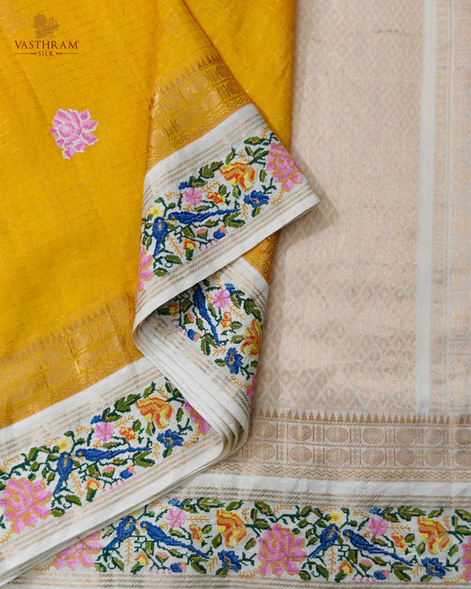 Yellow Colour Silk Cotton Saree With Zari Checks  Cross Stich All Over Code : SC047
