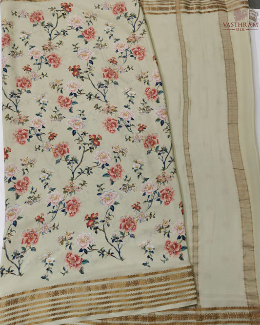 Light Pista Green Colour Mysore Crepe Silk Saree With Digital Print All Over