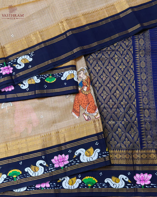 Tussar Colour Silk Cotton Saree With Zari Checks & Patta Chitra Hand Painting All Over