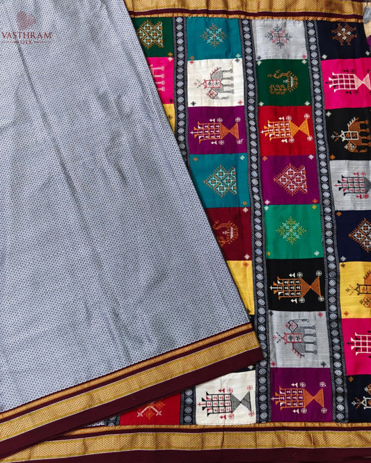 Grey Colour Ilkal Saree With Plain Body