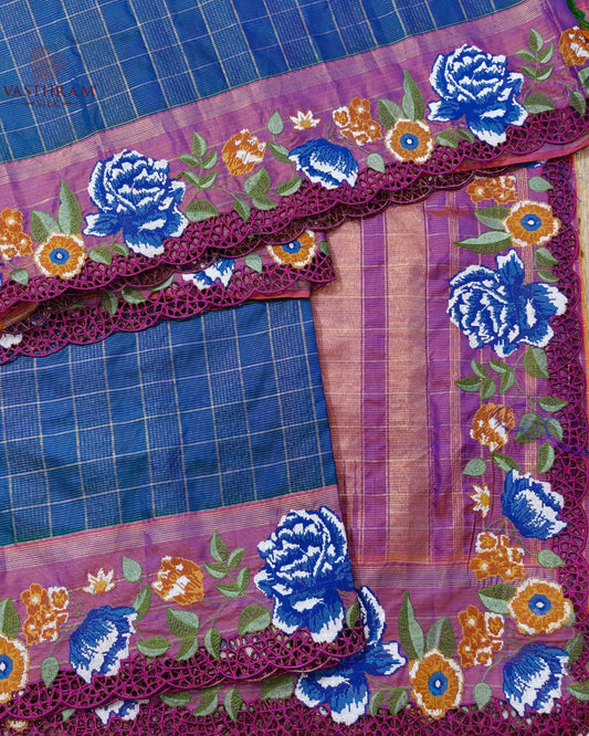 Peacock Blue Colour Kanchivaram Silk Saree With Zari Checks All Over