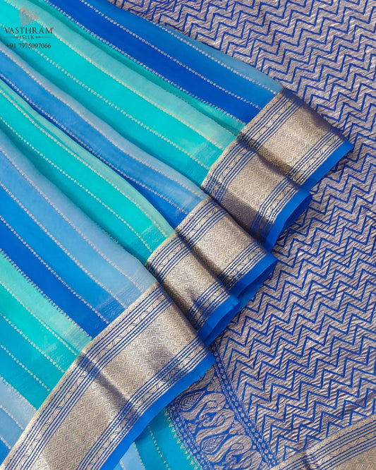 Blue colour georgette saree with zari stripes all over