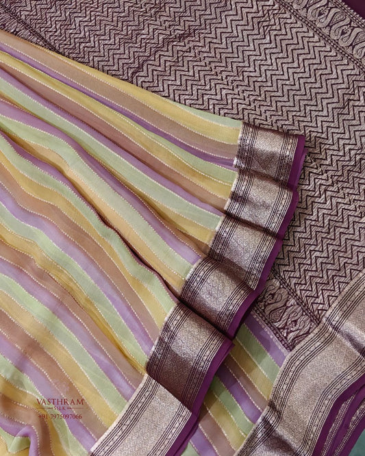 Mustard Yellow colour georgette saree with zari stripes all over