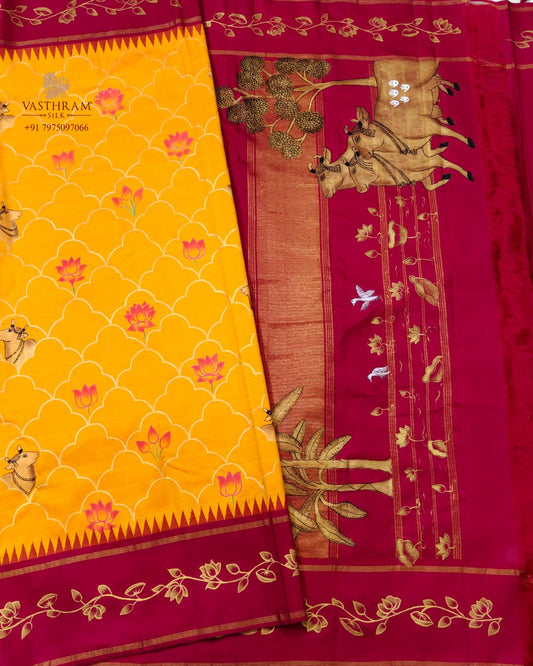 Orange colour kanchivaram silk saree with hand painting all over