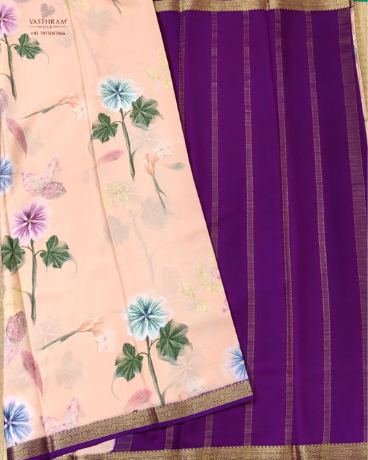 Light peach colour mysore crepe silk saree with digital eco printed all over