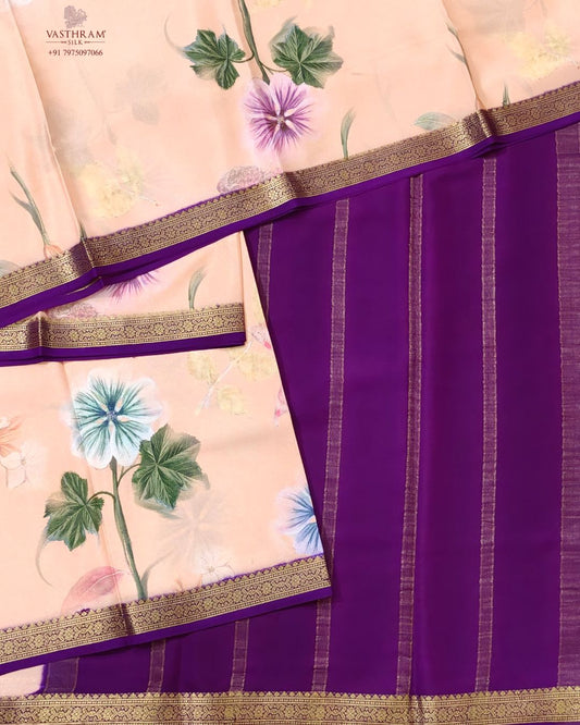 Light peach colour mysore crepe silk saree with digital eco printed all over