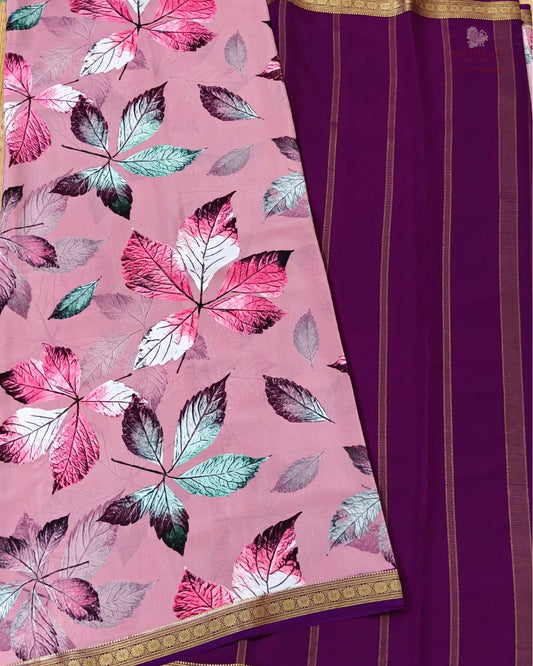Onion pink colour mysore crepe silk saree with digital eco printed all over