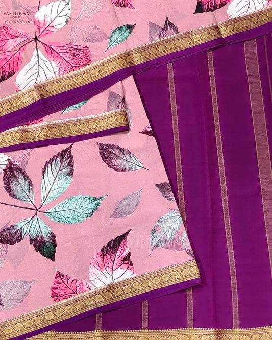 Onion pink colour mysore crepe silk saree with digital eco printed all over