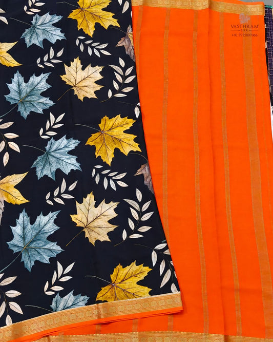 Black colour mysore crepe silk saree with digital eco print all over