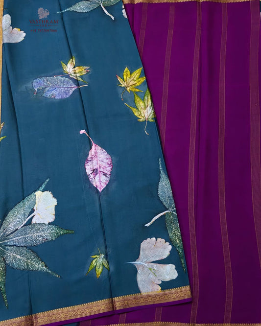 Blue colour mysore crepe silk saree with digital eco printed all over