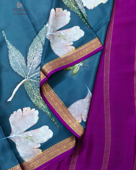 Blue colour mysore crepe silk saree with digital eco printed all over