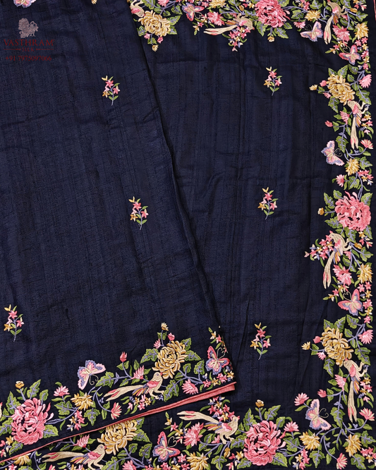 Navy blue colour tussare silk saree with parsigara embroidery butta all over