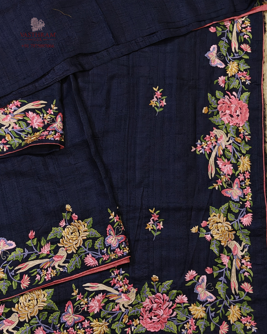 Navy blue colour tussare silk saree with parsigara embroidery butta all over