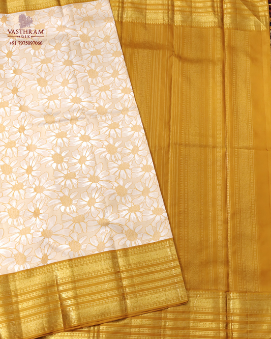 Yellow & Cream colour kanchivaram silk saree with floral thread woven motif all
