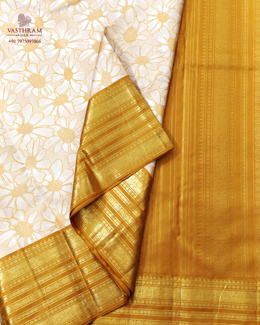 Yellow & Cream colour kanchivaram silk saree with floral thread woven motif all