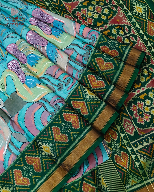 Rama blue colour tussar & ikkat fusion silk saree with kantha work an hand paint motif all over