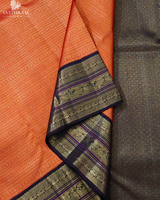 Orange Colour Kanchivaram Silk Saree With Zari Brocade All Over