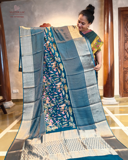 Rama blue colour mysore crepe silk saree with embroidery all over