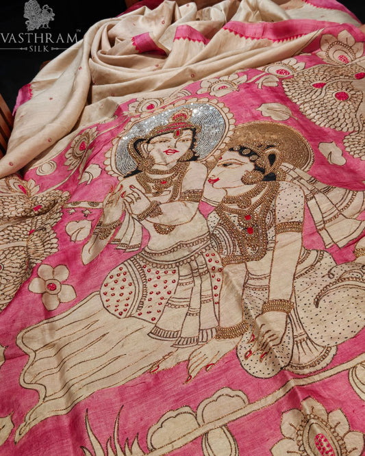 Cream Colour Tussar Silk Saree With Zero Zari Mirror Work All Over Code : KT022