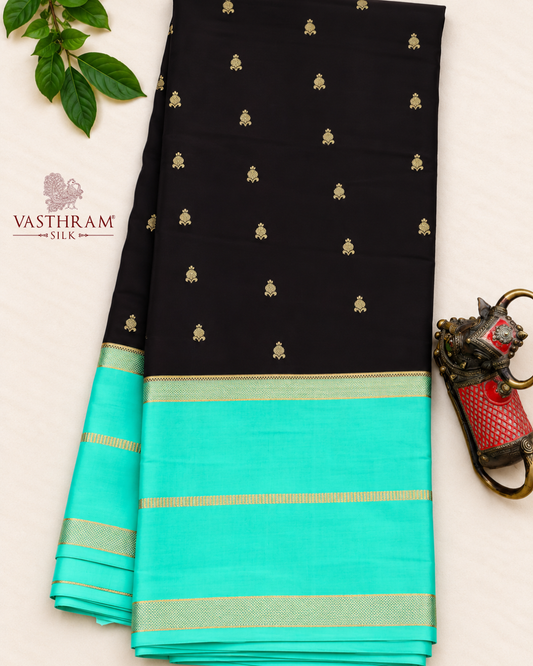 Dark Brown Colour Mysore Crepe Saree With Zari Butta All Over
